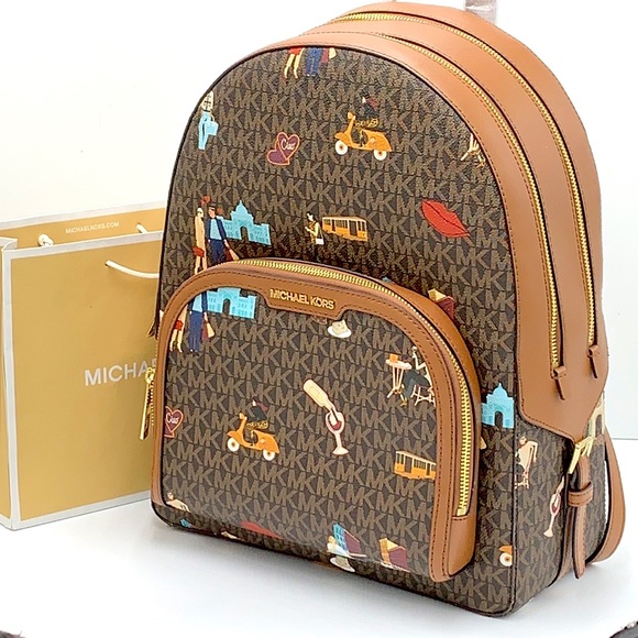 MICHAEL KORS JET SET GIRLS JAYCEE LARGE ZIP PACKED BACKPACK BROWN MULTI COLOR - Picture 2 of 16
